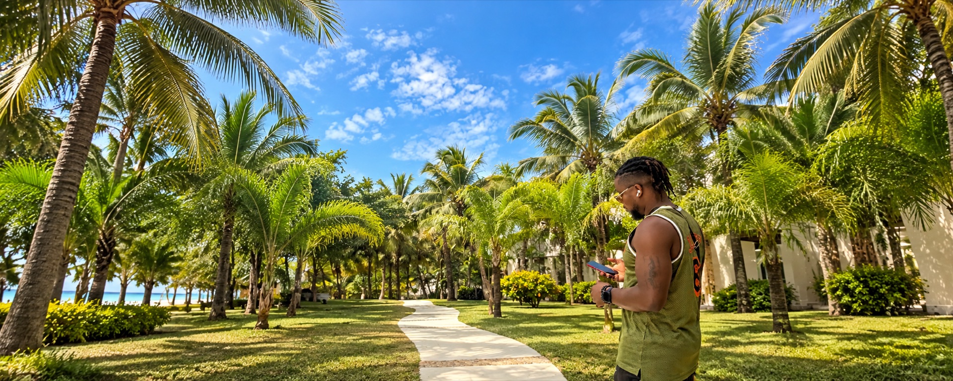 A sunlit path winding between tropical palms beside the sea